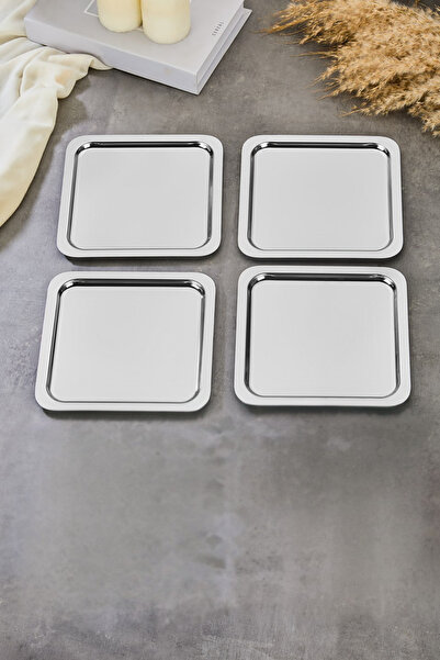 decorev Luxury Square Accessory Stainless Steel 4-Piece Silver Color Coffee, Tea, Decorative Presentation Serving Tray