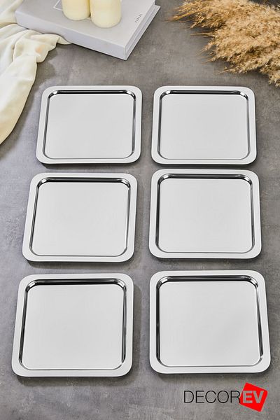decorev Luxury Square Accessory Stainless Steel 6-Piece Silver Color Coffee, Tea, Decorative Presentation Serving Tray