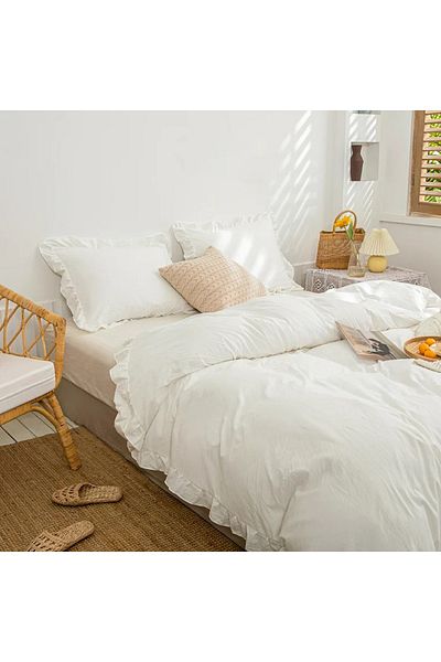 Maki Home Makiteks 100% Cotton Ruffled Off-White 160X220+50X70 Single Duvet Cover and Pillowcase Set
