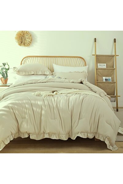 Maki Home Makiteks 100% βαμβακερό βολάν μπεζ 160x220+50x70 Μονό Παπλωματοθήκη και Μαξιλαροθήκη