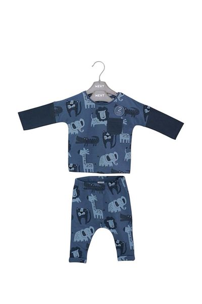 Next Baby Cotton Navy Blue Animal Patterned Long Sleeve Bottom Top Set