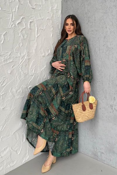 AYASOFYA OTANTIK Women's Khaki Ethnic Patterned Balloon Sleeve Loose Long Dress