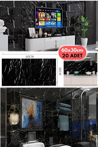 Munico 20PC 60x30 Cm Kendinden Yapışkanlı Siyah 3D Şık Fayans Duvar Yapıştırma Duvar Kağıdı Dekorasyon