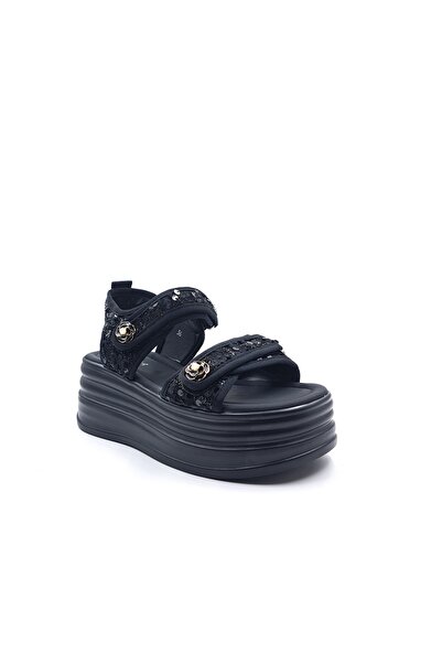 Guja Wedge Sole Velcro Sequin Sequin Embroidery Detailed Black Women's Sandals