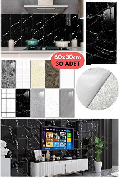 Munico 30 Parça Siyah Seramik Fayans Mermer Duvar Fayans Kendinden Yapışkanlı...