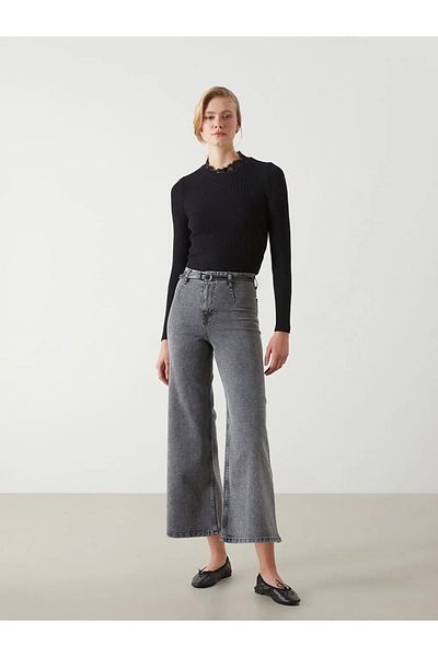LC Waikiki Lcw Jeans Gray Wideleg Women's Jean Trousers with Belt