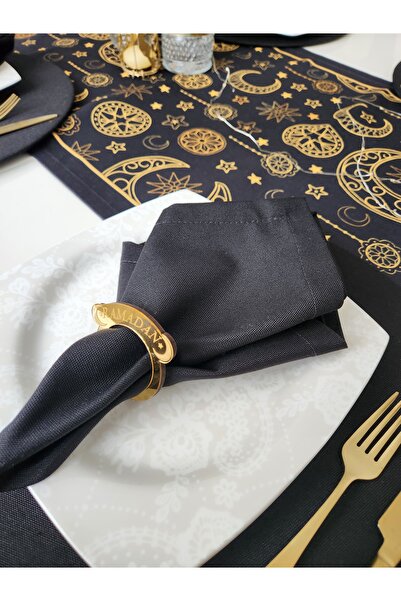 Runner Supla Home 6 adet Ramazan özel peçete halkası ve 6 adet siyah duck kumaş peçete( 35 x35 )