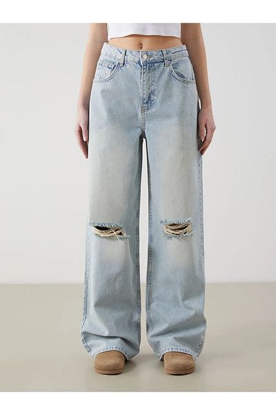 LC Waikiki Xside Blue Wideleg Ripped Detail Women's Jean Trousers