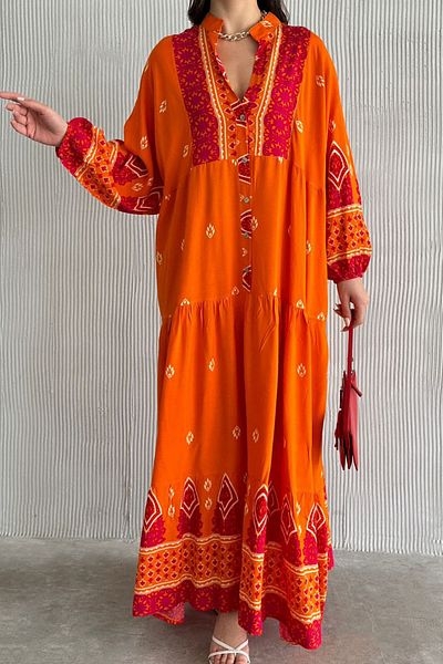 AYASOFYA OTANTIK Women's Orange Placket Button Collar Ethnic Patterned Balloon Sleeve Loose Long Dress