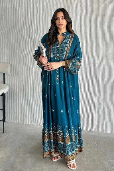 AYASOFYA OTANTIK Women's Petrol Placket Button Collar Ethnic Patterned Balloon Sleeve Loose Long Dress