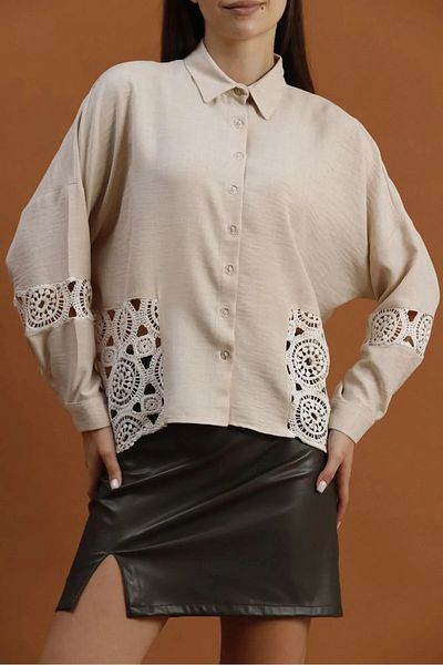 Esra Butik Hane Γυναικείο Κρεμ Ακατέργαστο Δαντελένιο Κεντητό Πουκάμισο