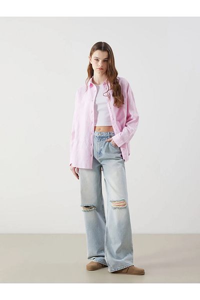LC Waikiki Xside Blue Wideleg Ripped Detail Women's Jean Trousers