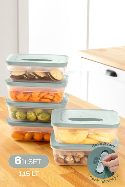 Vienev 6 Pieces Vegetable and Fruit Storage Container with Adjustable Air Channels (6 X 1.15 Liters) Mint Color