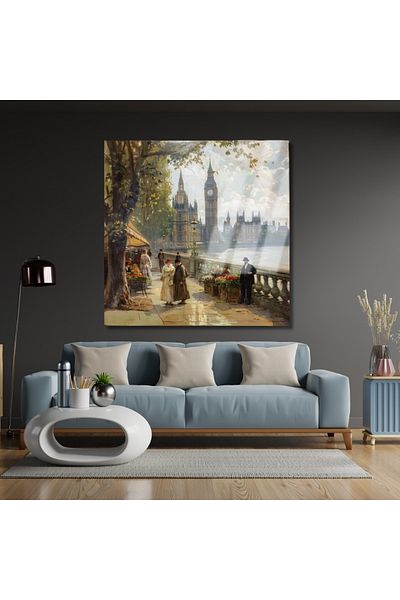 Artarilion Tabloul cu sticlă securizată din Londra veche Tablou de salon Model de pictură clasică Decor de casă din sticlă securizată