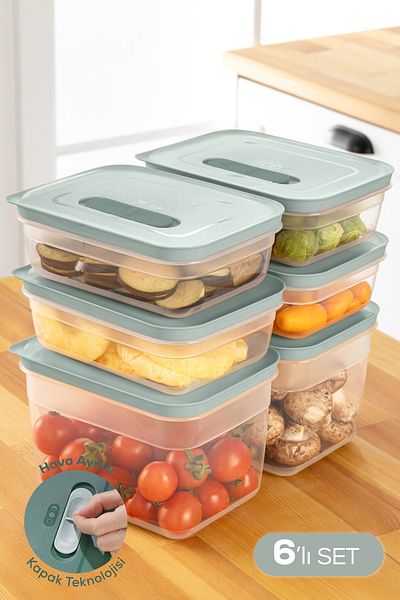 Vienev Adjustable Vegetable and Fruit Storage Container with 6 Air Ducts 4X(1.15 Lt) 2X(2.35 Lt) Mint