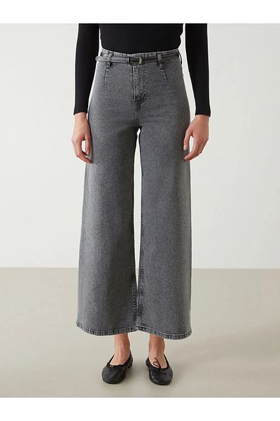 LC Waikiki Lcw Jeans Gray Wideleg Women's Jean Trousers with Belt