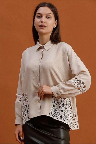 Esra Butik Hane Γυναικείο Κρεμ Ακατέργαστο Δαντελένιο Κεντητό Πουκάμισο
