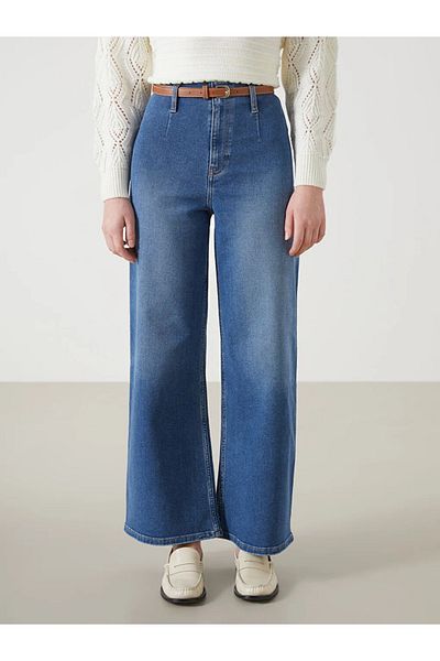 LC Waikiki Blugi LCW Indigo Talie cu centură Wideleg Pantaloni blugi pentru femei