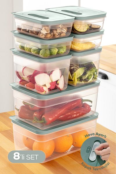 Vienev Adjustable Vegetable and Fruit Storage Container with 8 Air Ducts 4X(1.15 Lt) 2X(2.35-5 Lt) Mint