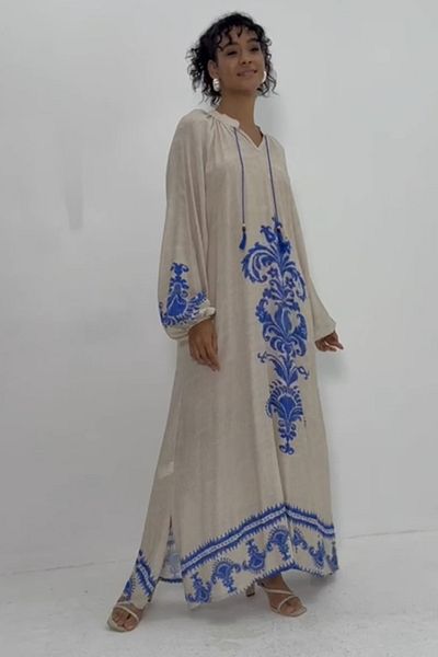 AYASOFYA OTANTIK Μπεζ έθνικ μοτίβο μπαλόνι μανίκι casual μακρύ φόρεμα - γυναικείο γιακά με κορδόνια