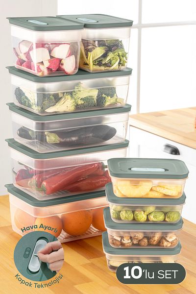 Vienev Adjustable Vegetable and Fruit Storage Container with 10 Air Ducts 4X(1.15 Lt) 2X(2.35-3.8-5 Lt) Green