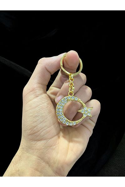 GLANZEND Zircon Stone Gold Plated Moon Star Keychain