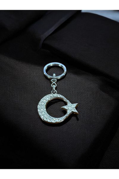 GLANZEND Silver Moon Star Keychain with Zircon Stone