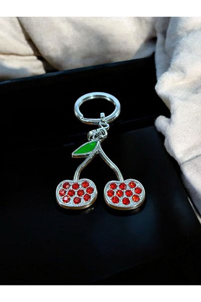 GLANZEND Silver Cherry Keychain with Zircon Stone