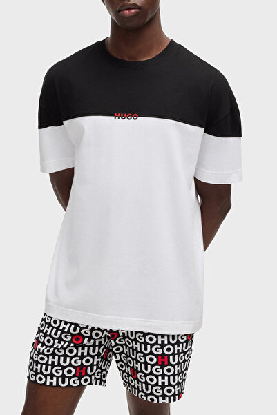 HUGO Streç Pamuklu Renk Bloklu Regular Fit Bisiklet Yaka T Shirt Erkek T SHİR...