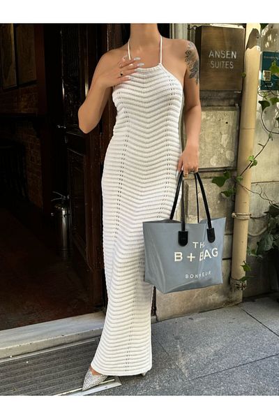 buqre's moda Γυναικείο πλεκτό φόρεμα μίντι με διχτυωτό λαιμόκοψη