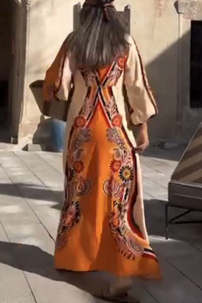 AYASOFYA OTANTIK Women's Orange V-Neck Ethnic Patterned Balloon Sleeve Loose Back Zipper Closure Ethnic Dress