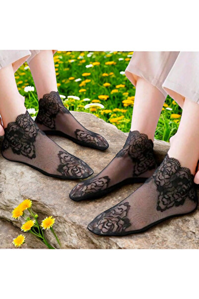 çorapcım جوارب نسائية سوداء مفصلة مكونة من 3 قطع من التول