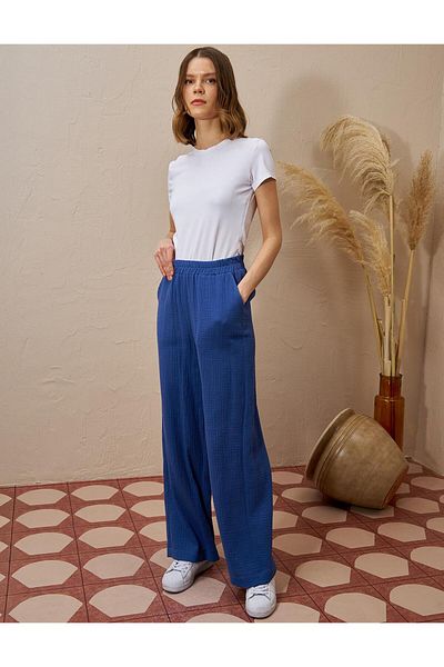 Kayra Elastic Waist Muslin Trousers Indigo