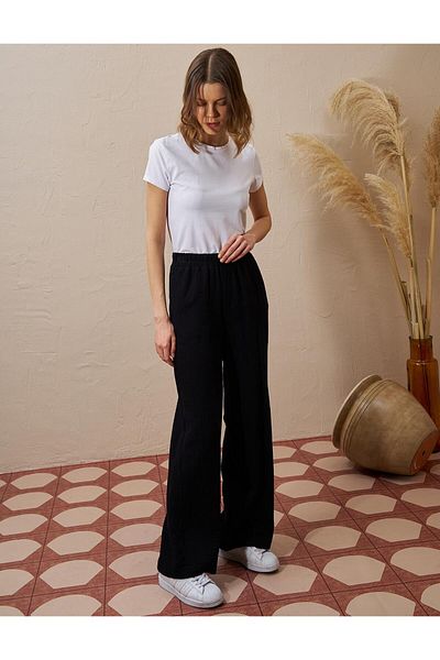 Kayra Black Elastic Waist Muslin Trousers
