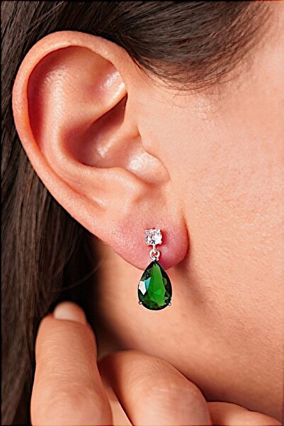 jelux silver Gümüş 925 Ayar Rodyumlu Zirkon Taşlı Zümrüt Pırlanta Montür Çivili Damla Küpe