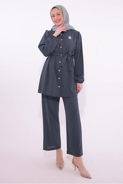 TRENDTESETTÜR   Women's Gray (Smoked) Brooch Detailed Trouser Suit t 8674