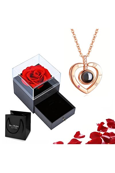 Choice قلادة عرض ذهبية 45 سم مع صندوق هدايا وردة قلادة قلب مكتوب عليها أحبك 1...
