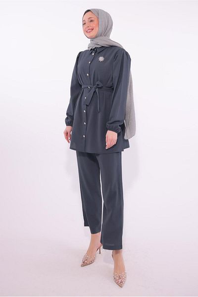 TRENDTESETTÜR   Women's Gray (Smoked) Brooch Detailed Trouser Suit t 8674