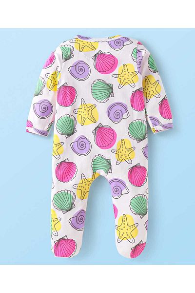 Babyhug بدلة نوم Babyhug المصنوعة من القطن المحبوك مع طبعة الحياة البحرية بأكمام طويلة وأقدام - بيضاء