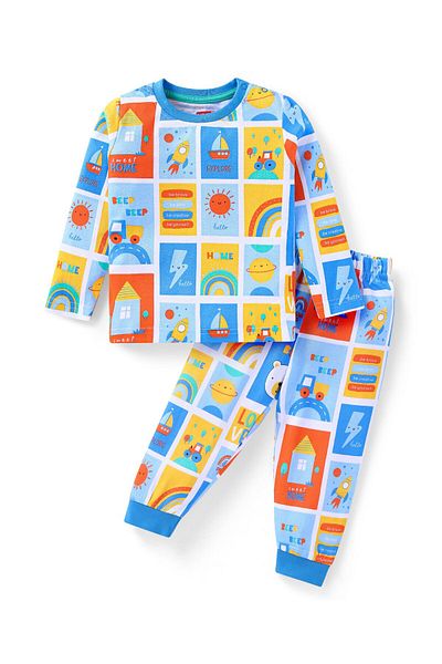 Babyhug طقم بيجامة قطنية من Babyhug بطبعة قوس قزح - أصفر وأزرق