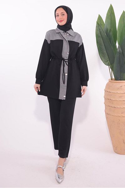 TRENDTESETTÜR Γυναικείο Μαύρο Ριγέ Παντελόνι Σετ T 9074