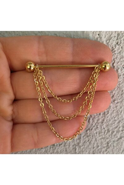 Bylin Cerrahi Çelik Zincirli Gold Köprü Piercing - Bar Uzunluğu 38 Mm - 1 Adet