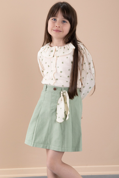 Cansın Mini Green Floral Patterned Muslin Badi Jean Skirt Girl's Suit 20427