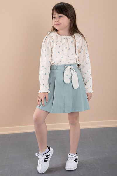 Cansın Mini Mint Flower Patterned Muslin Badi Jean Skirt Girl's Suit 20425
