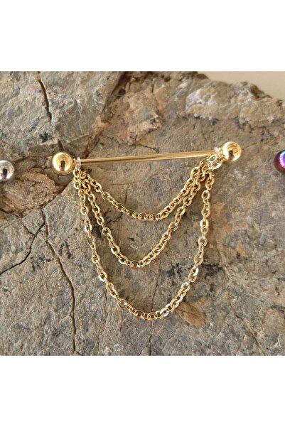 Bylin Cerrahi Çelik Zincirli Gold Köprü Piercing - Bar Uzunluğu 38 Mm - 1 Adet