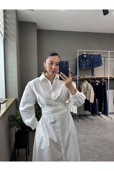 YOUR NAME Belden Bağlama Detaylı Beyaz Kadın Elbise