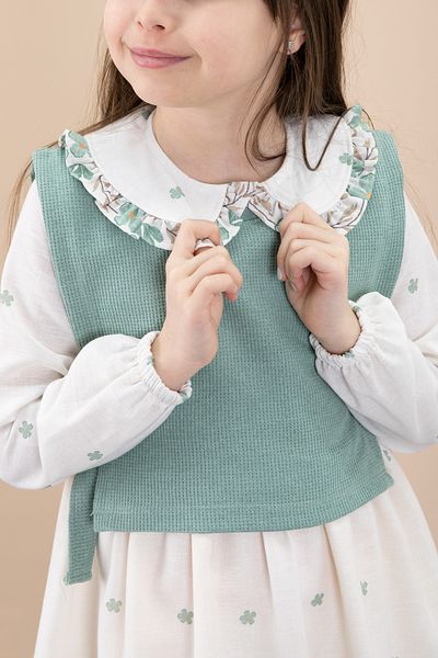 Cansın Mini Girl's Green Floral Patterned Side Tie Sweater Dress 20485
