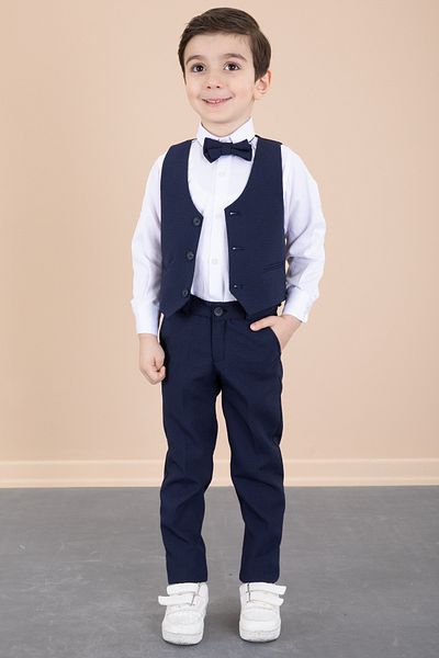 Cansın Mini Navy Blue Vest, Bow Tie, Shirt and Fabric Trousers Boy's Suit 20430