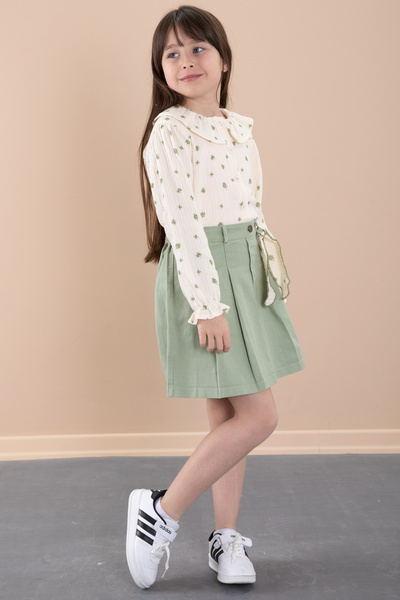 Cansın Mini Green Floral Patterned Muslin Badi Jean Skirt Girl's Suit 20427