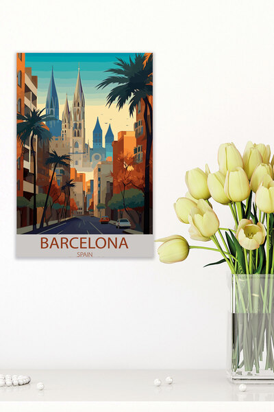 qoeuyl boutique Πίνακας αφίσας από ξύλο MDF Barcelona Retro Vintage 18x27